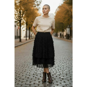 Senlis Laser Dot Tiered Layered Skirt in Black Onyx MIDI